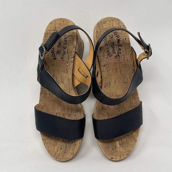 Kork Ease Austin Cork Wedge Sandals Womens 10 M Black Leather Ankle Strap Buckle - Picture 9 of 16